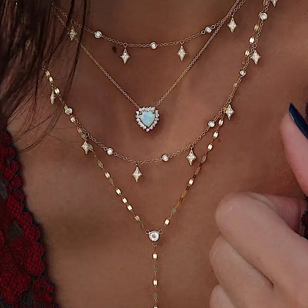 Gold Bohemian Multilayer Opal Pendant Star Crystal Drop Necklace